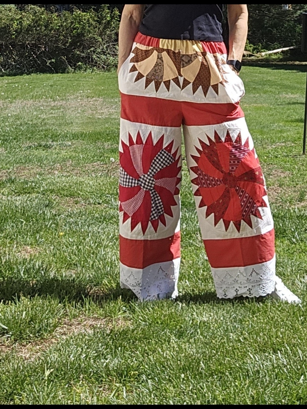 Handmade Red Patchwork Wide-Leg Pants